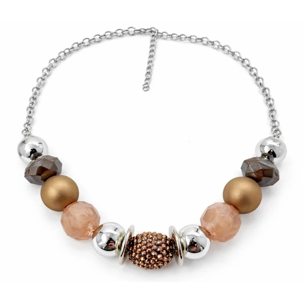 Vintage Blush Bead Necklace Rhinestone Pave Accent Gold Silver Tone 18-20